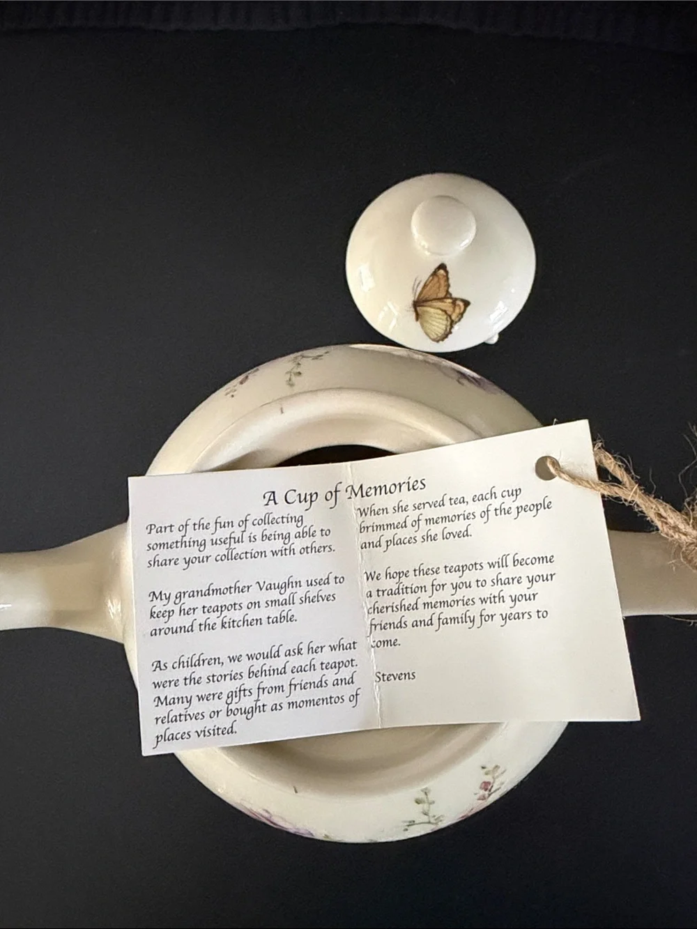 Lily Creek, Martha Vaughn, Cream Floral Vintage Teapot with Butterfly Accent